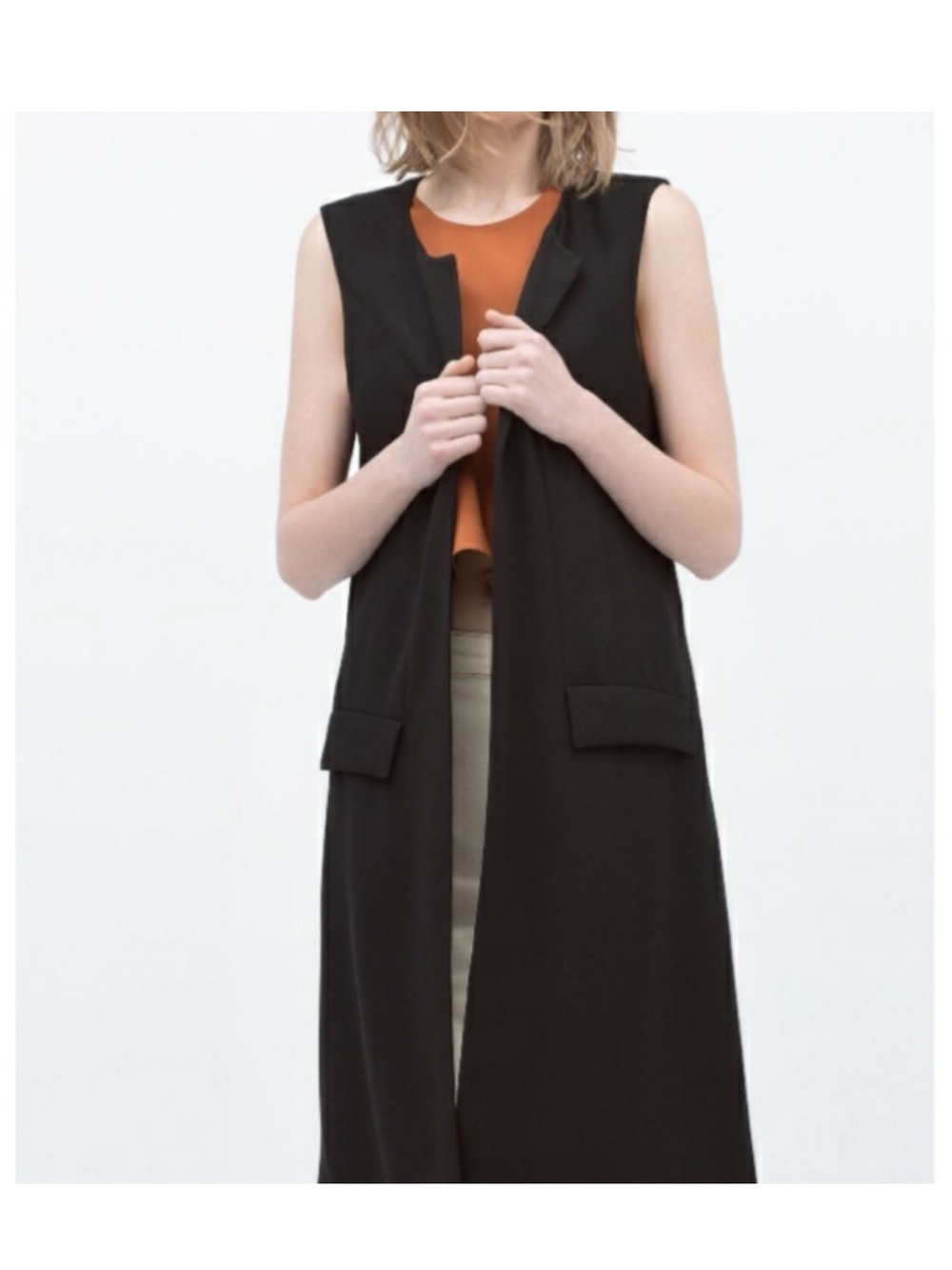 ZARA Long Vest Black No Closure Lined Size M  Chic Tailored